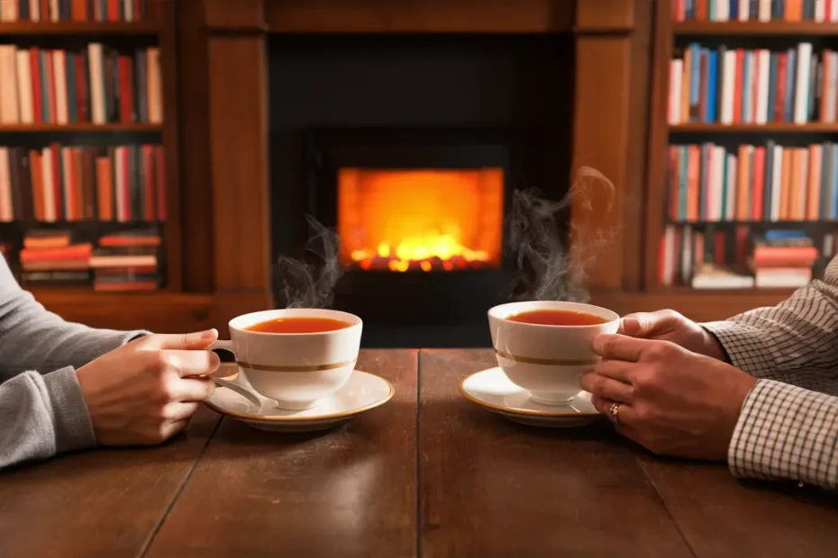 Dos personas sentadas frente a frente con tazas de té en una sala con chimenea y estanterías llenas de libros.