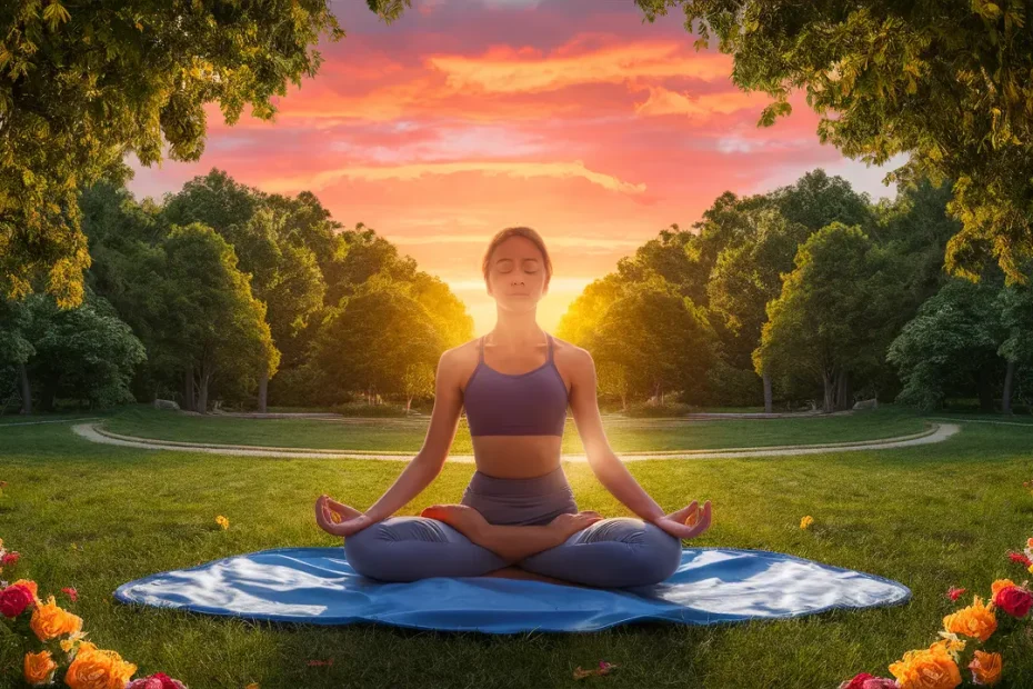 Persona meditando en el parque al atardecer, rodeada de árboles y flores, bajo un cielo naranja y rosa.