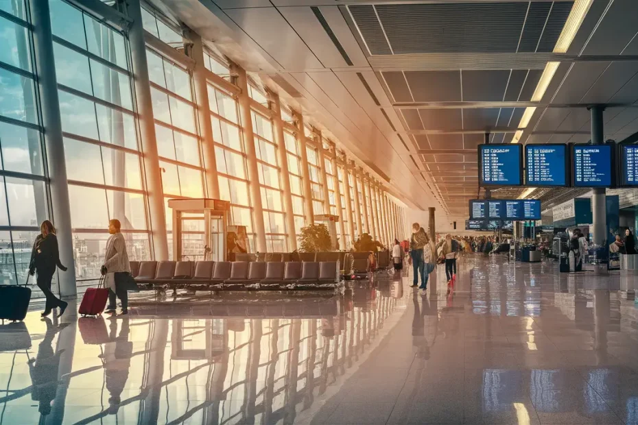 Terminal de aeropuerto moderno con viajeros y maletas junto a ventanas de vidrio y pantallas de información de vuelos.